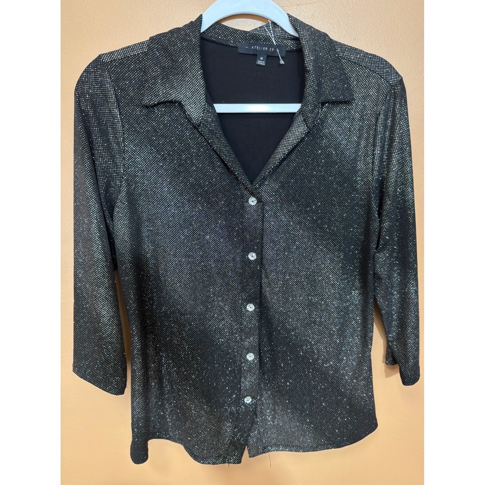 Atelier 29 Womens Silver Metallic Sparkle Button Down Blouse Bk Size M Holiday